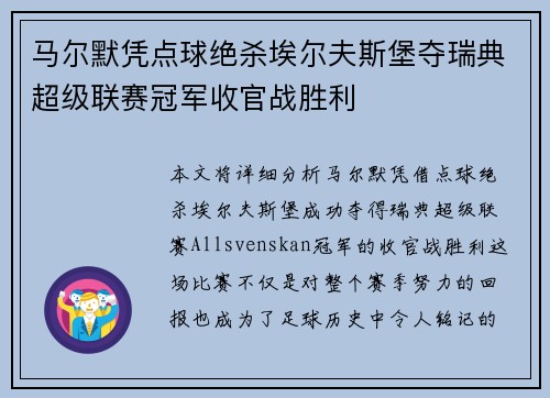马尔默凭点球绝杀埃尔夫斯堡夺瑞典超级联赛冠军收官战胜利 马尔默凭点球绝杀埃尔夫斯堡夺瑞典超级联赛冠军收官战胜利