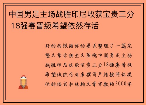 中国男足主场战胜印尼收获宝贵三分 18强赛晋级希望依然存活