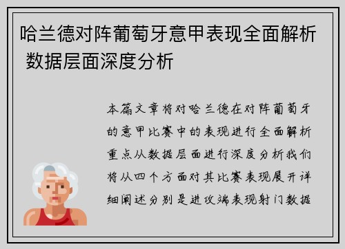哈兰德对阵葡萄牙意甲表现全面解析 数据层面深度分析